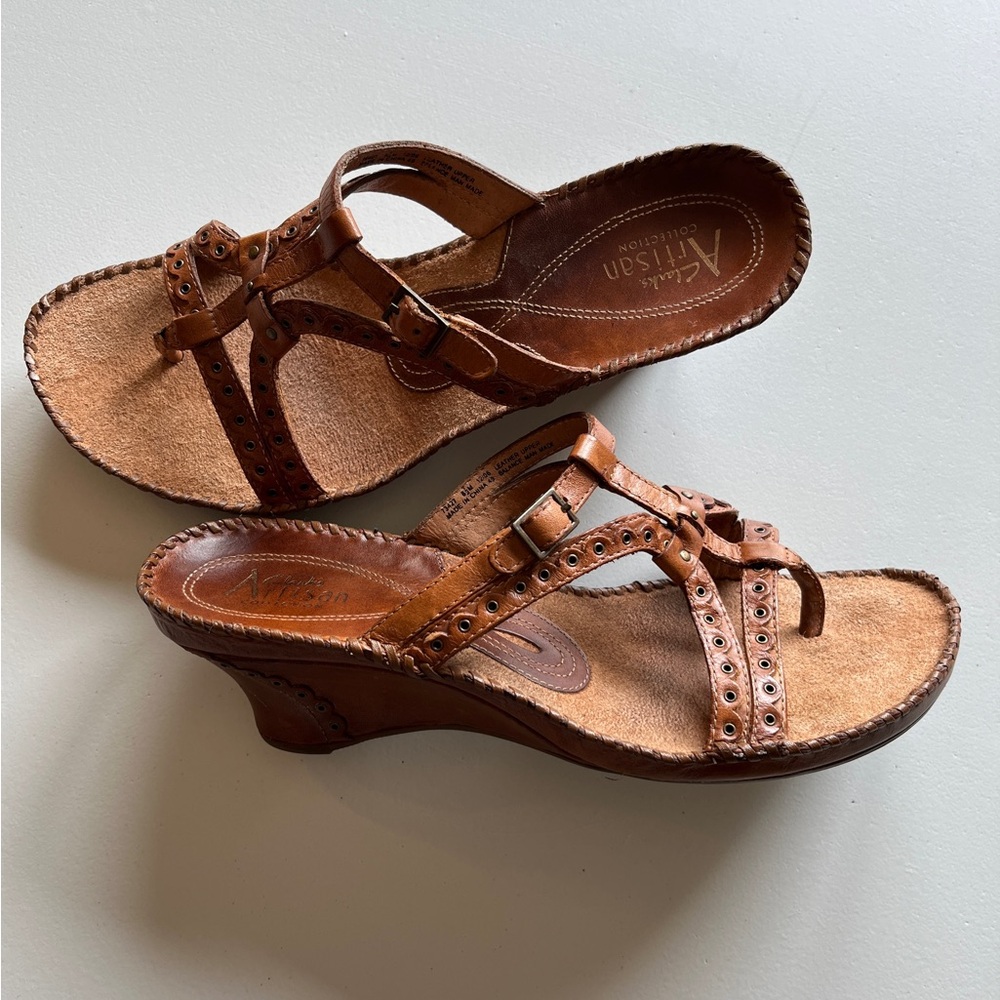 Clark’s 8.5 Artisan Collection Sago Brown Tan Leather Studded Strappy Sandal - Picture 1 of 15